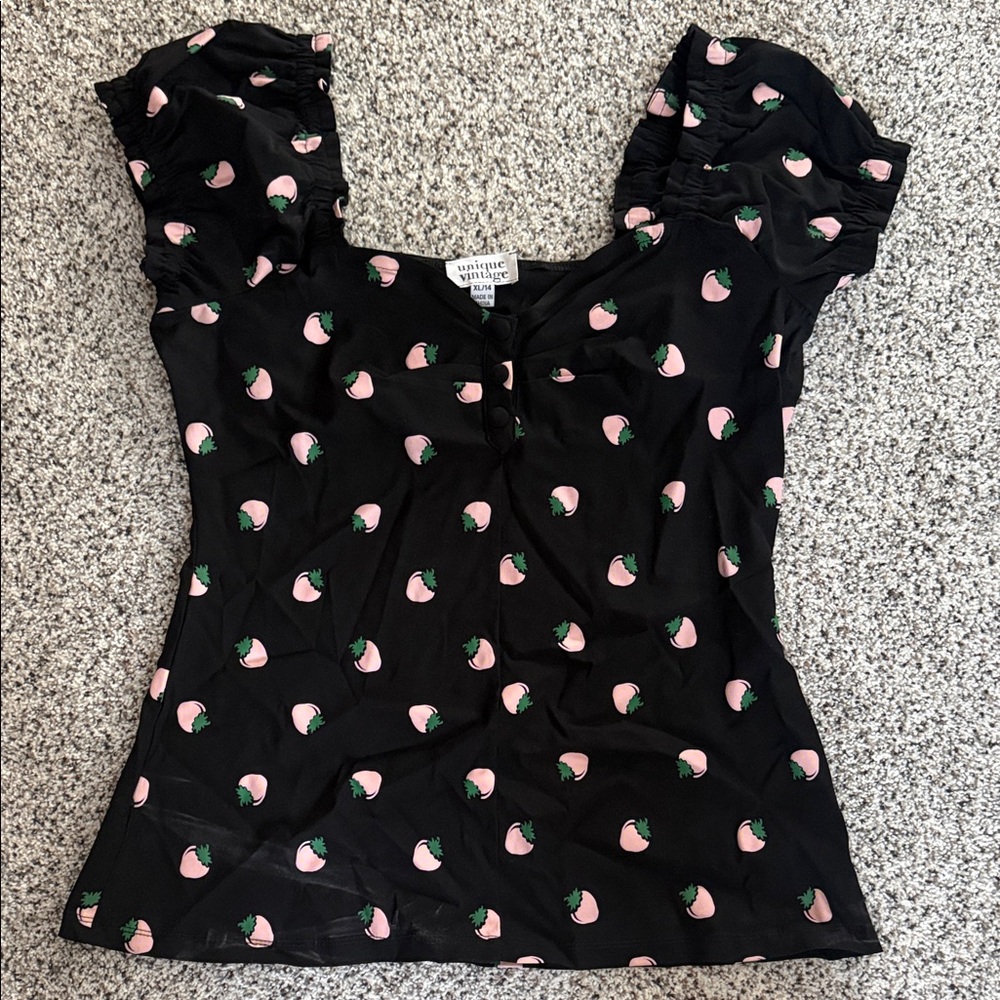 Unique Vintage Black Blouse with Strawberry Motif